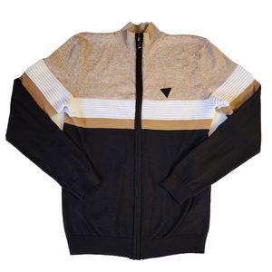 Guess Men's Full Zip Up Cardigan Sweater Long Sleeve Size Medium Black White Tan